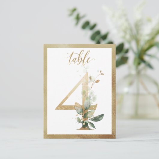 Greenery Foliage Gold Table Numbers, Tabel 4 Card Briefkaart (Staand voorkant)