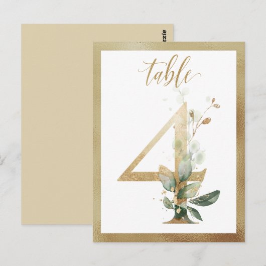 Greenery Foliage Gold Table Numbers, Tabel 4 Card Briefkaart (Voorkant / Achterkant)