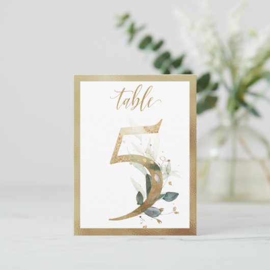 Greenery Foliage Gold Table Numbers, Tabel 5 Card Briefkaart (Staand voorkant)