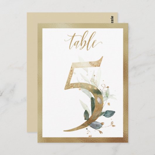 Greenery Foliage Gold Table Numbers, Tabel 5 Card Briefkaart (Voorkant / Achterkant)