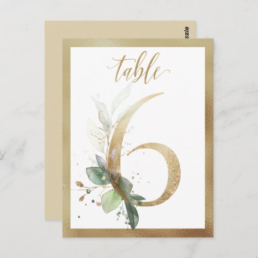 Greenery Foliage Gold Table Numbers, Tabel 6 Card Briefkaart (Voorkant / Achterkant)