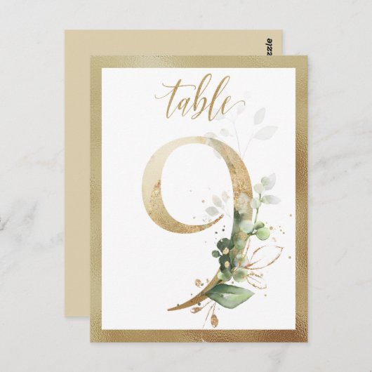 Greenery Foliage Gold Table Numbers, Tabel 9 Card Briefkaart (Voorkant / Achterkant)