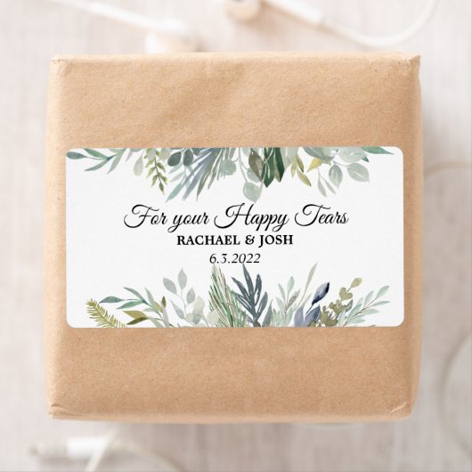 Greenery Foliage Happy Tears Wedding Tissue Label (Insitu)