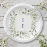 Greenery Foliage Monogram Initialen Wedding Papieren Bordje<br><div class="desc">Met fijne waterverf groene bladeren kunnen deze botanische papieren borden gepersonaliseerd worden met uw monogram initialen. Ontworpen door: Thisnotme©</div>