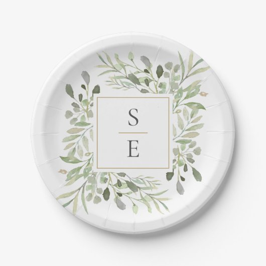 Greenery Foliage Monogram Initialen Wedding Papieren Bordje (Voorkant)