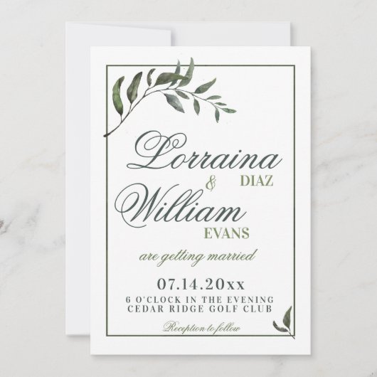 Greenery Foliage Olive Branch Elegant Wedding Kaart (Voorkant)