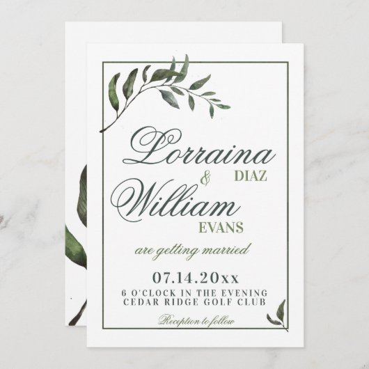Greenery Foliage Olive Branch Elegant Wedding Kaart (Voorkant / Achterkant)