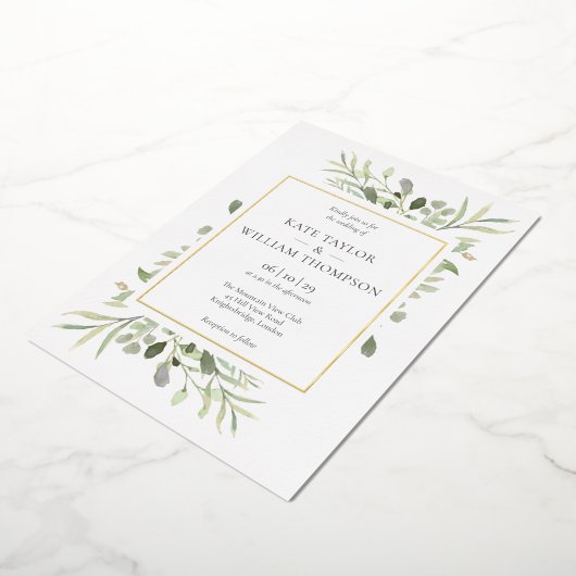 Greenery Foliage Photo Wedding Elegant Gold Folie Uitnodiging (Gedraaid)