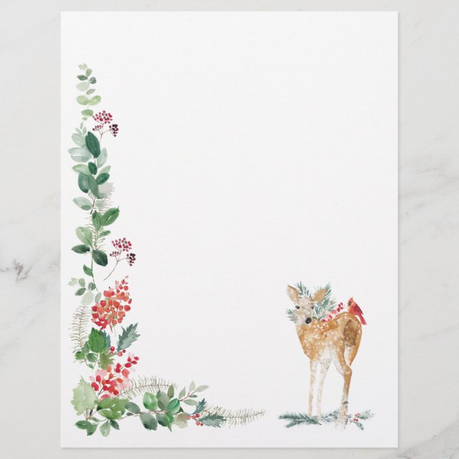 Greenery Foliage Red Berry Fawn Letterhead Briefhoofd (Voorkant)