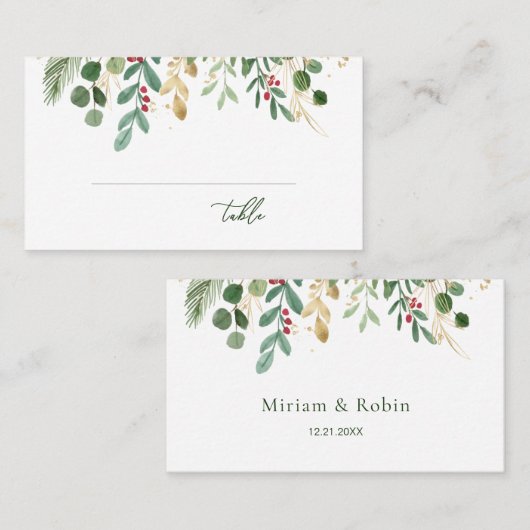 Greenery Foliage Red Berry kerstbruiloft Plaatskaartje (Voorkant / Achterkant)