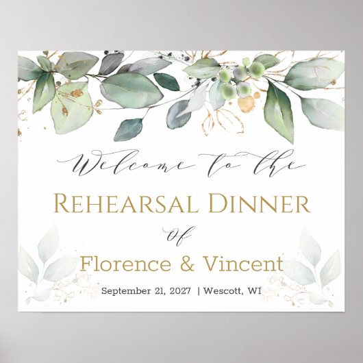 Greenery foliage Rehearsal Dinner Welcome Sign Poster (Voorkant)