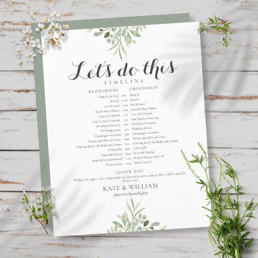 Greenery Foliage Script Wedding Schedule