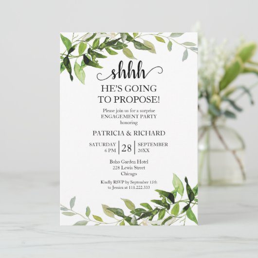 Greenery Foliage Surprise Engagement Party Kaart (Staand voorkant)