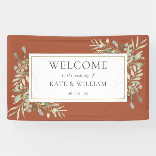 Greenery Foliage Terracotta Wedding Welkom Spandoek (Horizontaal)