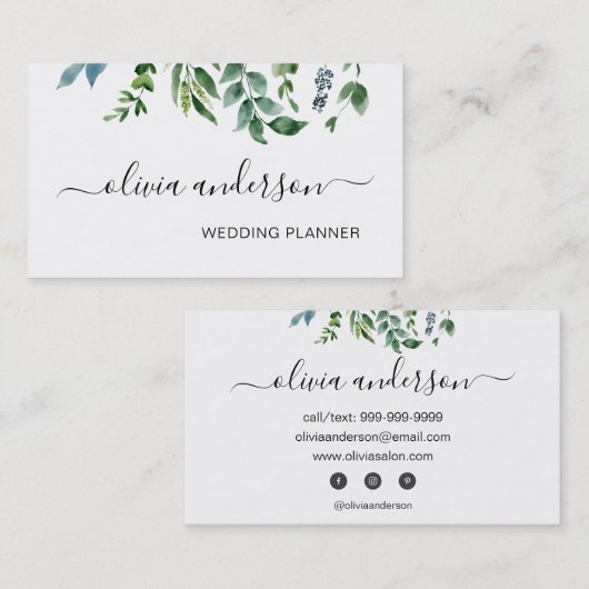 Greenery Foliage Wedding Planner Elegant Modern Visitekaartje (Voorkant / Achterkant)