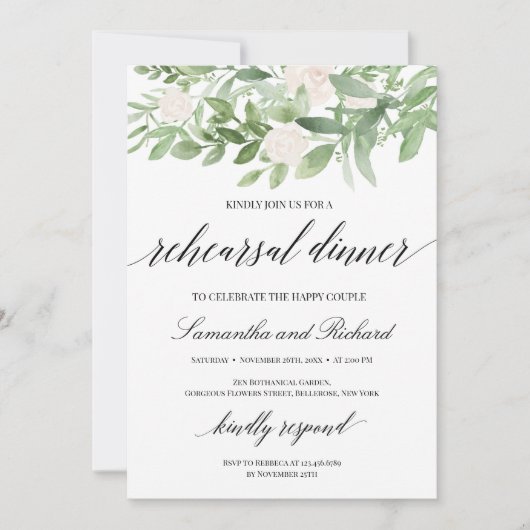 Greenery foliage white roses boho rehearings diner kaart (Voorkant)
