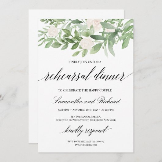 Greenery foliage white roses boho rehearings diner kaart (Voorkant / Achterkant)