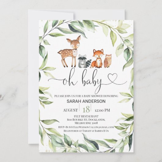 Greenery Foliage Woodland Baby shower Invitation Kaart (Voorkant)