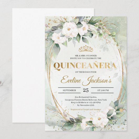 Greenery foliy goudkanon Quinceañera Kaart (Voorkant / Achterkant)