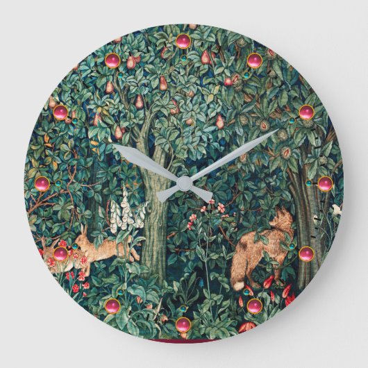 GREENERY,FOREST ANIMALS Hares ,Fox,Green Floral  Grote Klok (Voorkant)