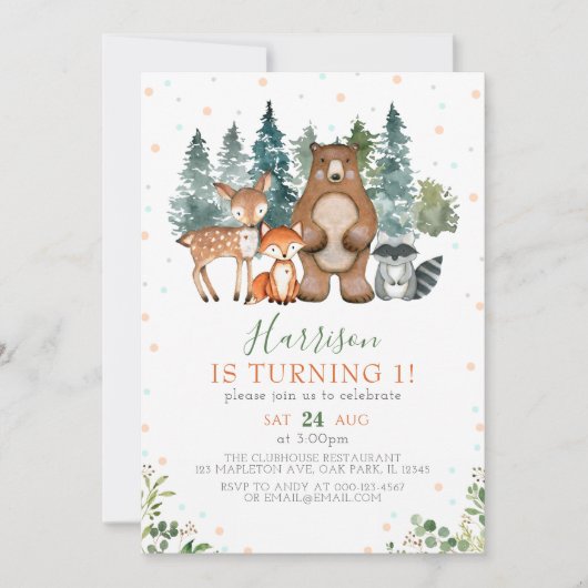 Greenery Forest Woodland Animals 1e verjaardag Kaart (Voorkant)