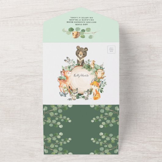 Greenery Forest Woodland Animals Baby shower All In One Uitnodiging (Buitenkant)