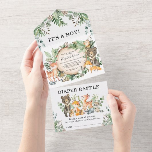 Greenery Forest Woodland Animals Baby shower All In One Uitnodiging (Afscheurbaar)