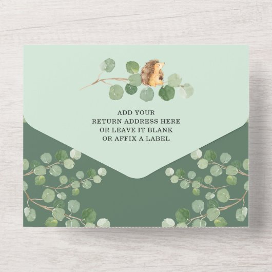 Greenery Forest Woodland Animals Baby shower All In One Uitnodiging (Achterkant)