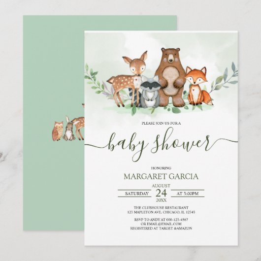 Greenery Forest WOODLAND Animals Baby shower Kaart (Voorkant / Achterkant)