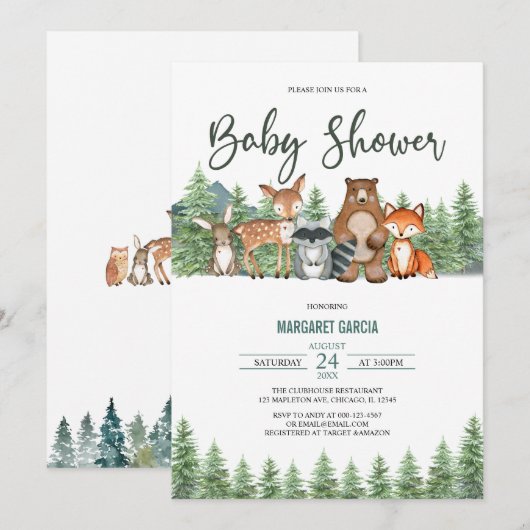 Greenery Forest Woodland Animals Baby shower Kaart (Voorkant / Achterkant)