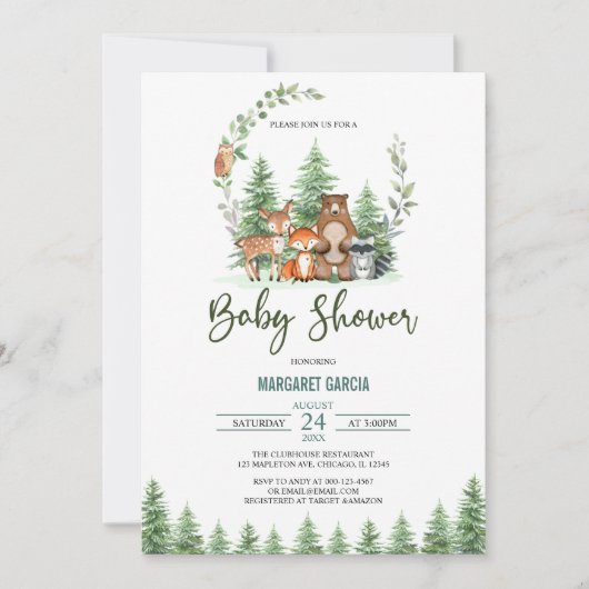 Greenery Forest Woodland Animals Baby shower Kaart (Voorkant)