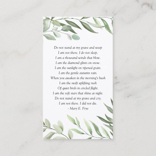 Greenery Foto Begrafenisgebed Kaarten Visitekaartje (Achterkant)