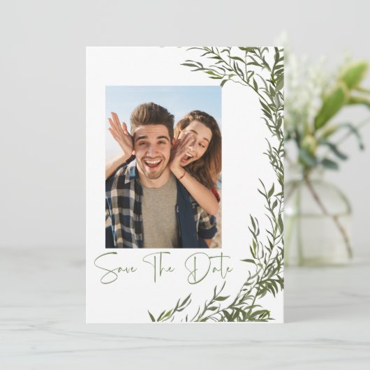 Greenery foto Sla de datum uitnodiging op (Staand voorkant)