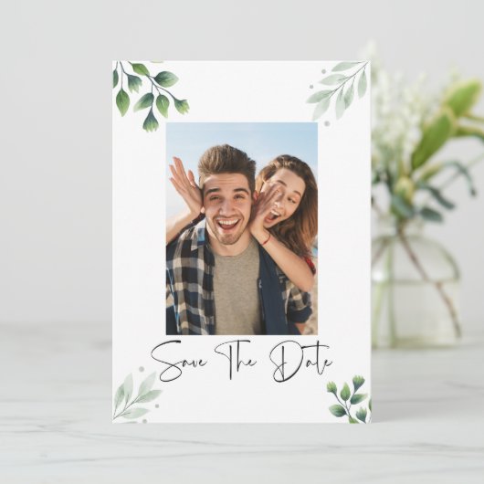 Greenery foto Sla de datum uitnodiging op (Staand voorkant)