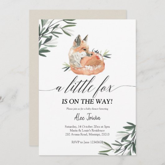 Greenery Fox Baby shower-uitnodiging Kaart (Voorkant / Achterkant)