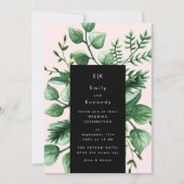 Greenery Fresh Leaf Modern Black Pink Wedding Kaart (Voorkant)