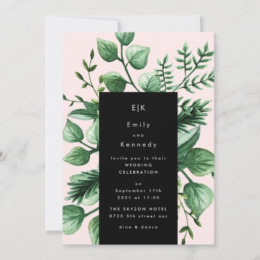 Greenery Fresh Leaf Modern Black Pink Wedding Kaart (Voorkant)