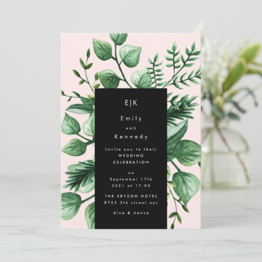 Greenery Fresh Leaf Modern Black Pink Wedding Kaart (Staand voorkant)