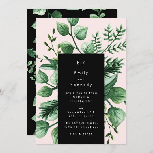 Greenery Fresh Leaf Modern Black Pink Wedding Kaart (Voorkant / Achterkant)