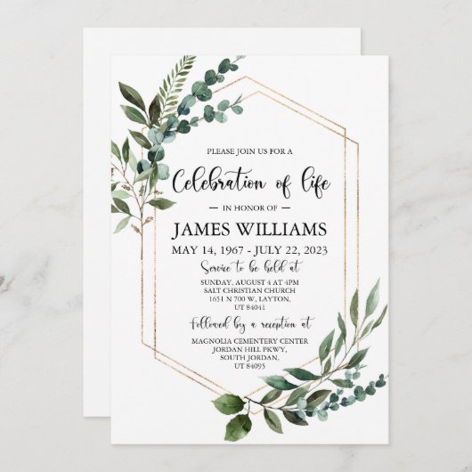 Greenery Funeral Celebration of life Invitation Kaart (Voorkant / Achterkant)