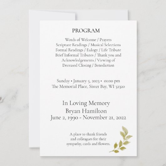 Greenery Funeral Memorial Order of Service Program Kaart (Achterkant)