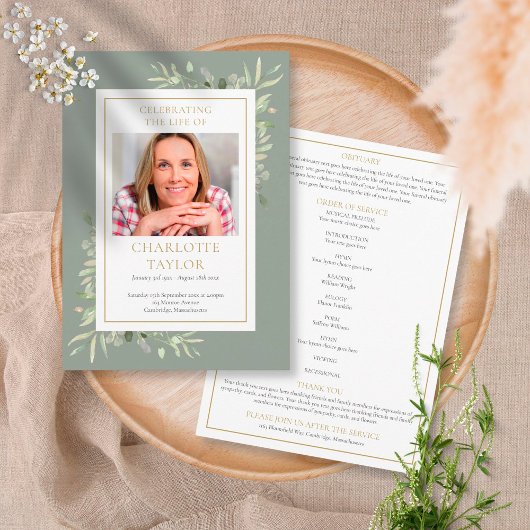 Greenery Funeral Memorial Order of Service Program Programmakaart