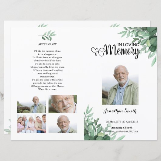 Greenery Funeral Programme Sjabloon (Voorkant / Achterkant)
