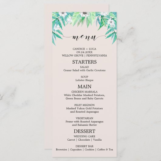 Greenery Garden Botanical Wreath Wedding Menu Kaar (Voorkant / Achterkant)