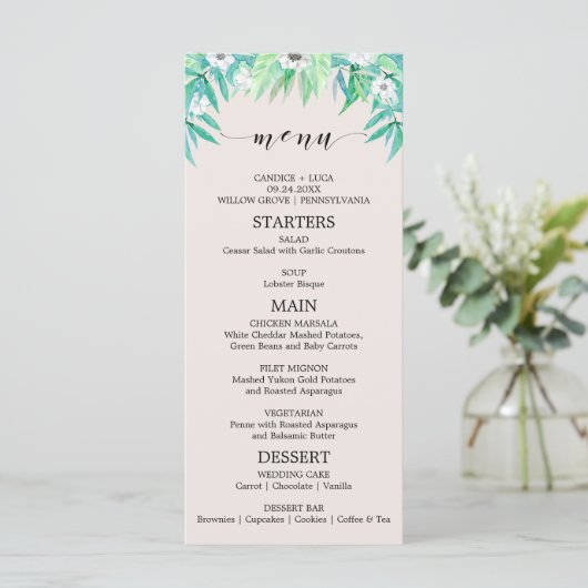 Greenery Garden Botanical Wreath Wedding Menu Kaar (Staand voorkant)