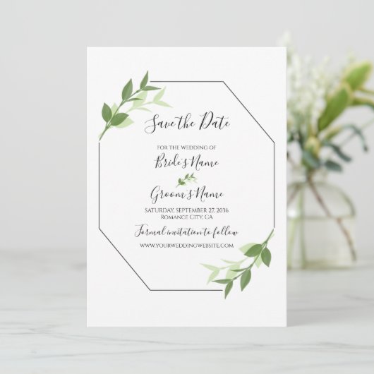 Greenery Garden laat Lijst bruiloft achter om de d Save The Date (Staand voorkant)