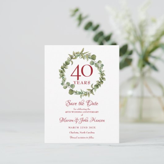 Greenery Garland 40e Jubileum Save the Date Briefkaart (Staand voorkant)