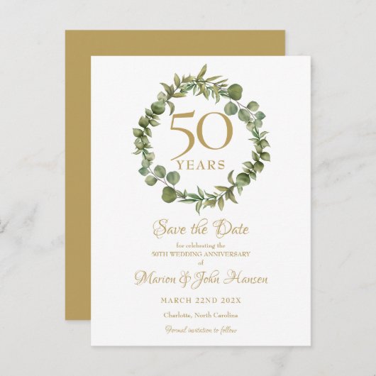 Greenery Garland 50th Jubileum Save the Date Aankondigingskaart (Voorkant / Achterkant)