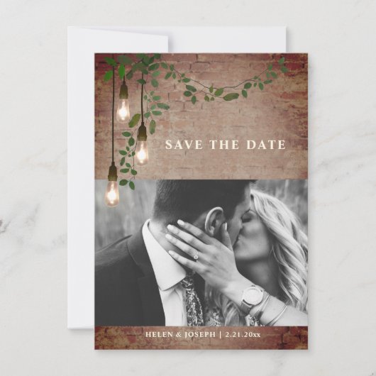 Greenery Garland Lightbulb Brick Wedding Save The Date (Voorkant)