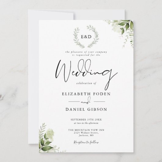 Greenery Garland Monogram Wedding Kaart (Voorkant)